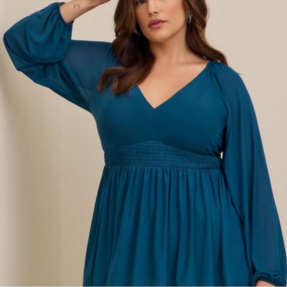 Blue Mesh Peasant Babydoll Top